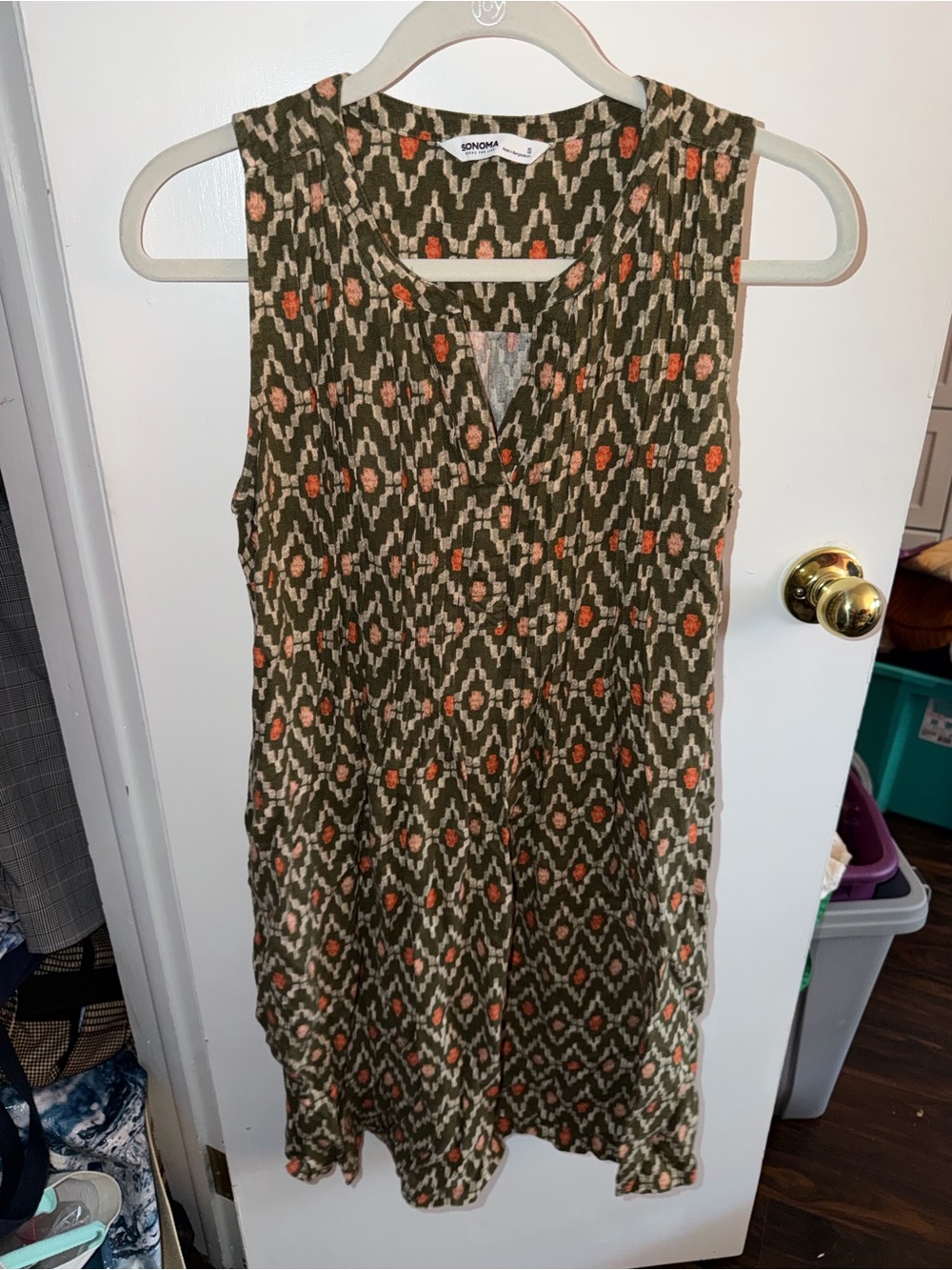 SONOMA Olive Green Mini Dress with Orange & Cream Geometric Print